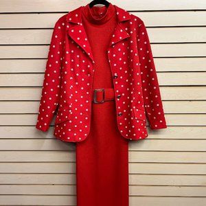 Red Vintage 60s Polka Dot Blazer and Cowl Sleeveless Dress Set